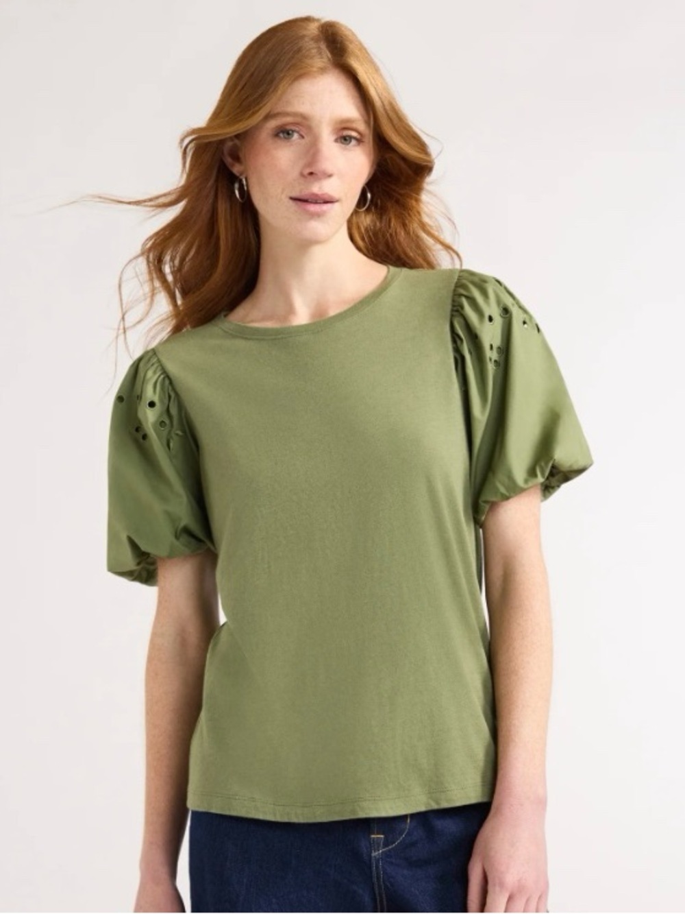 Free Assembly olive green puff sleeve top with embroidered eyelet sleeves Size M